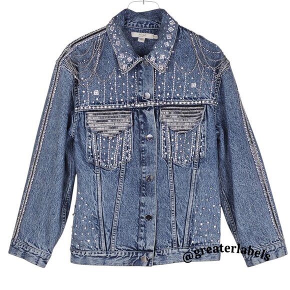 Alice + Olivia Embellished Denim Jean Jacket Crystals & Chains RARE Size M - Picture 2 of 15